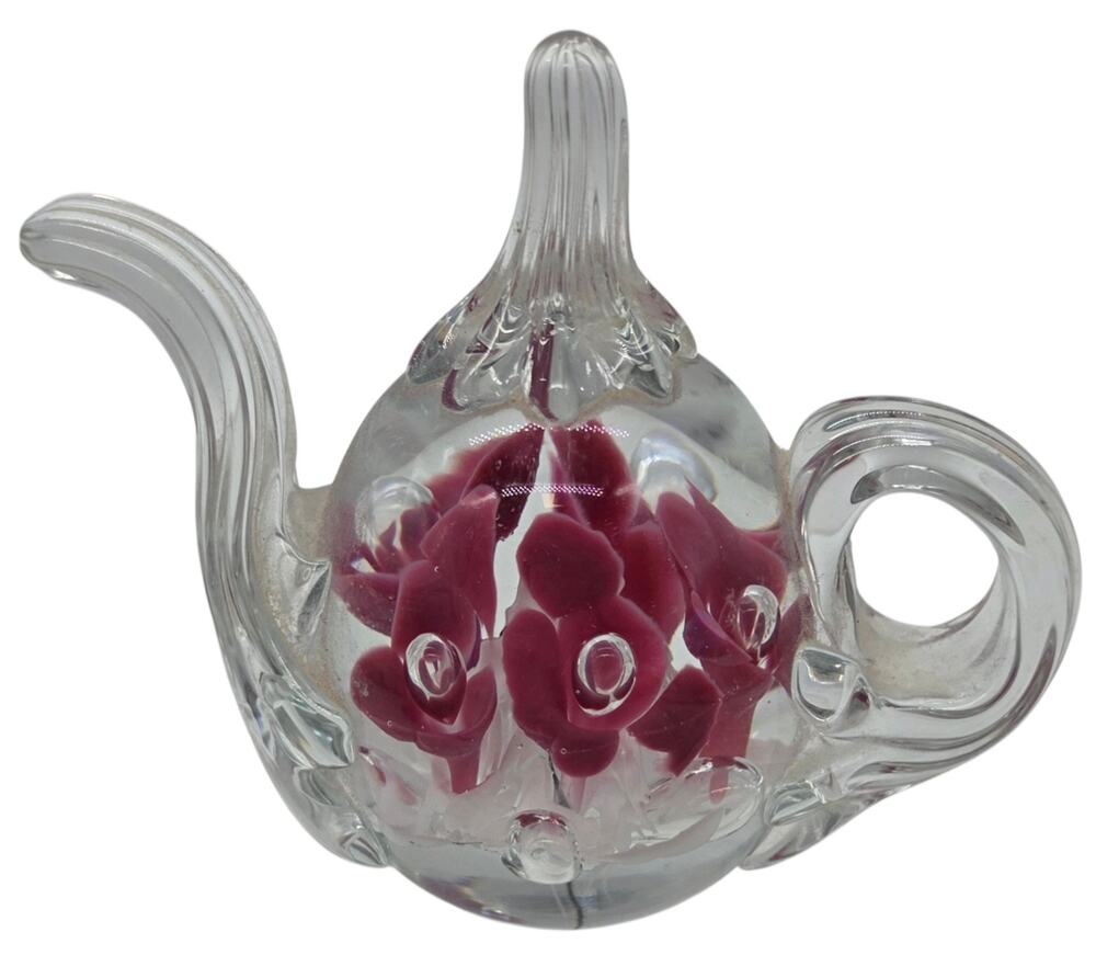 GIBSON GLASS HANDBLOWN FLORAL TEAPOT PAPERWEIGHT